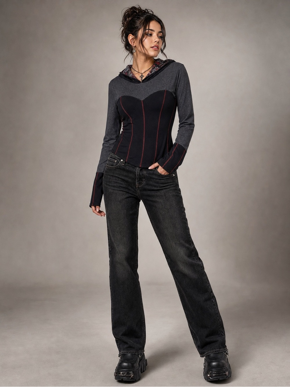 Laura Hlavac Corset Hoodie Sweetheart Top Black Gray Red Stitch S Goth